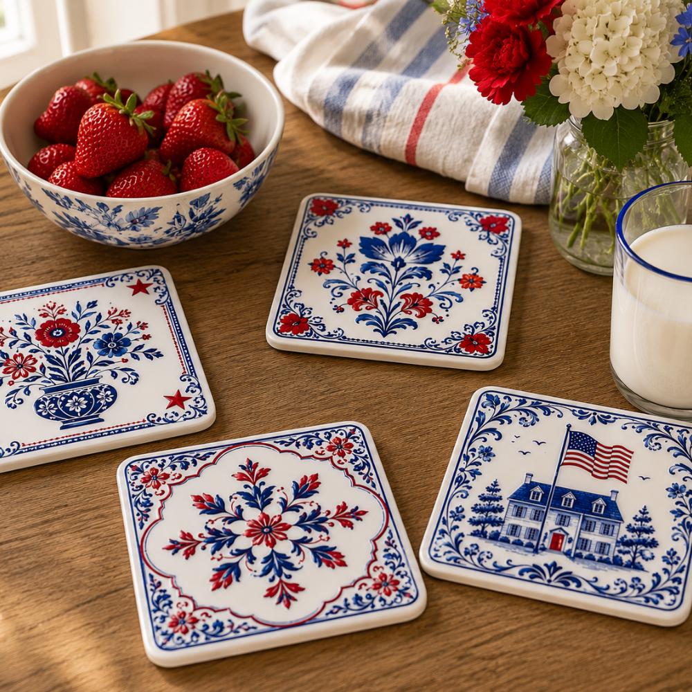 Americana Porcelain Style Drink Coaster Set, Patriotic Table Accent, July 4th Hostess Gift