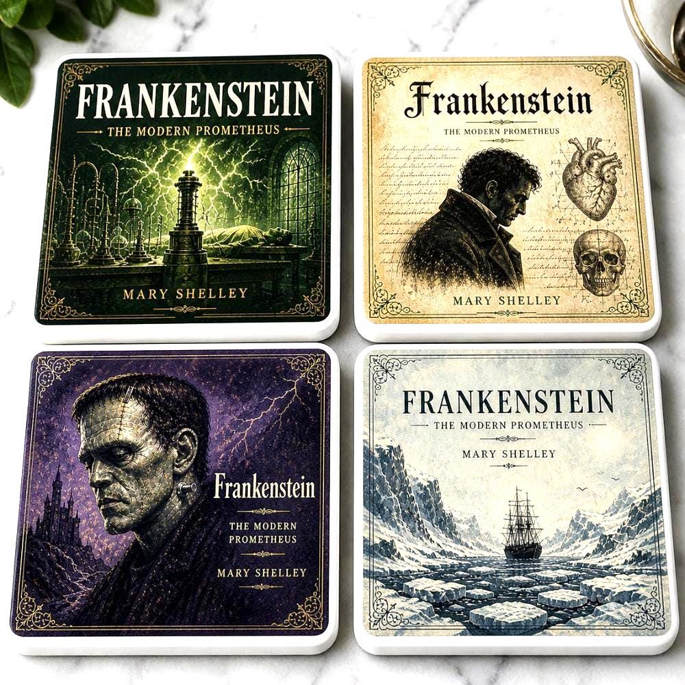 Frankenstein Coasters Set Gothic Book Lover Gift Dark Academia Decor