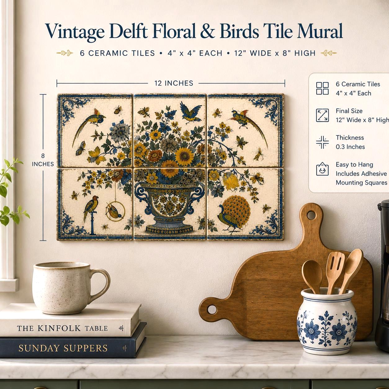 Delft Floral Tile Mural Set of 6 | Blue & Yellow Botanical Art | Dutch pottery Inspired