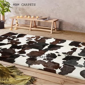 Handmade Cowhide Patchwork Rug: Rustic Hair-on-Hide Leather Carpet Western Home Decor