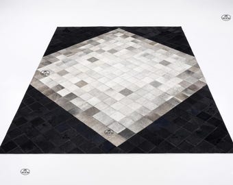 Geometrischer Rindsleder Patchwork Teppich, Schwarz-Weiß-Diamant-Muster Bodenmatte, moderner Luxus Rindsleder Teppich, Echtleder Teppich, handgemacht