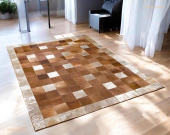 Handmade Patchwork Cowhide Rug, Brown and Silver Metallic Leather Carpet, Luxury Area Rug for-Living-Room