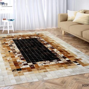 Handmade Cowhide Patchwork Rug: Rustic Farmhouse Leather Area Rug Brown Beige