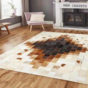 Handmade Cowhide Patchwork Rug: Geometric Leather Area Carpet Leather Mat Rustic Farmhouse Decor
