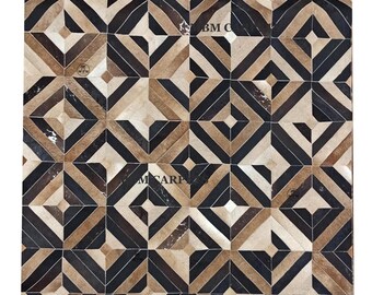 Handmade Patchwork Cowhide Rug, Geometric Modern Area Rug for Living Room, Boho Leather Floor Carpet, Luxury Home Decor, Unique Artisan Gift