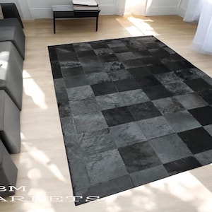 Black Checkered Cowhide Patchwork Rug: Modern Geometric Leather Carpet Office Full Black & Charcoal