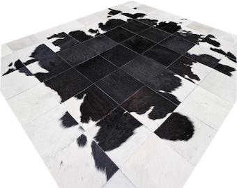 Black and White Cowhide Patchwork Rug: Geometric Western Decor Hair on Hide Handmade Modern Rug Luxury Living Room Area Rug Home Decor