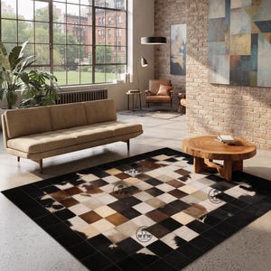 Patchwork Cowhide Rug, Black & Brown Checkerboard Leather Carpet, Modern Geometric Animal Skin Area Rug for Living Room, Bedroom
