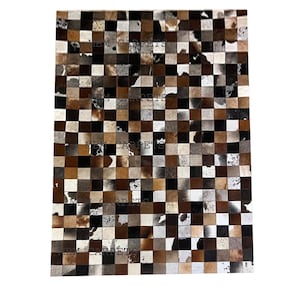 Handcrafted Cowhide Patchwork Rug Natural Leather Area Rug Checkerboard Hair on Hide Carpet Modern Rustic Home Decor 5x7 ft, 8x10, 9x12 ft.