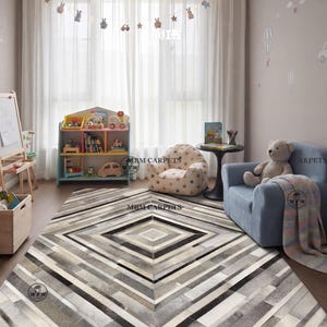 Geometric Cowhide Patchwork Rug | Grey White Diamond Leather Carpet | Scandinavian Modern Area Rug