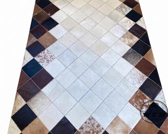 Patchwork Cowhide Rug, Geometric Diamond Leather Carpet, Modern Living Room Decor, Natural Hide Area Rug, Contemporary Floor Mat Stylish Rug