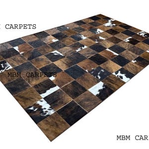 Brown Black Cowhide Patchwork Rug, Natural Hair On Hide Leather Carpet Handmade Rustic Area Rug Checkerboard Style MBM Carpet Home Decor Rug