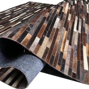Handmade Cowhide Patchwork Rug: Rustic Geometric Leather Area Rug Modern Living room Guest Gifts