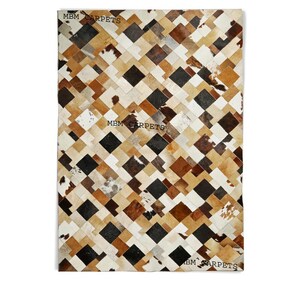 Geometric Cowhide Patchwork Rug: Modern Mosaic Leather Area Carpet Rug Handcrafted Guest Room, Hallway