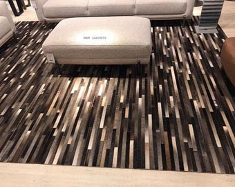 Handmade Cowhide Patchwork Rug for Living Room, Natural Leather Area Carpet, Rustic Farmhouse Decor.