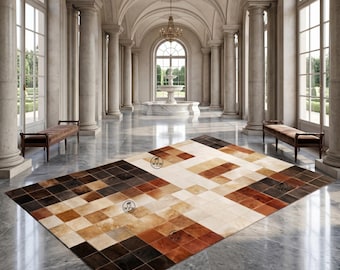 Genuine Cowhide Patchwork Rug, Modern Abstract Area Rug, Scandi Style Floor Carpet for Living Room, Office or Bedroom Decor - Unique Design