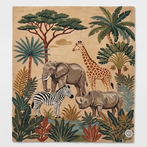 Alfombra infantil Safari tejida a mano, alfombra de lana con animales de la jungla para habitación infantil, alfombra de animales de safari, decoración safari, alfombra del Festival de Arte de Nashville