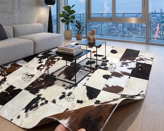 Genuine Cowhide Rug, Patchwork Hair-on-Hide Carpet for Living Room, Rustic Farmhouse Decor, Natural Leather Area Rug, Modern Floor Mat