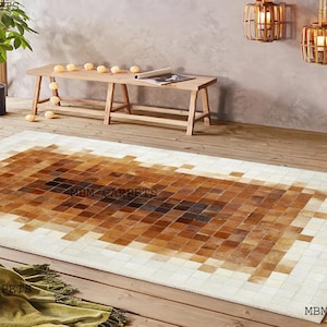 Handmade Patchwork Cowhide Rug: Modern Rustic Leather Carpet Brown Beige Leather Carpets