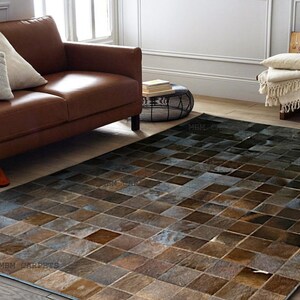 Handmade Cowhide Patchwork Area Rug: Modern Ombre Leather Floor Decor office black Brown Carpet