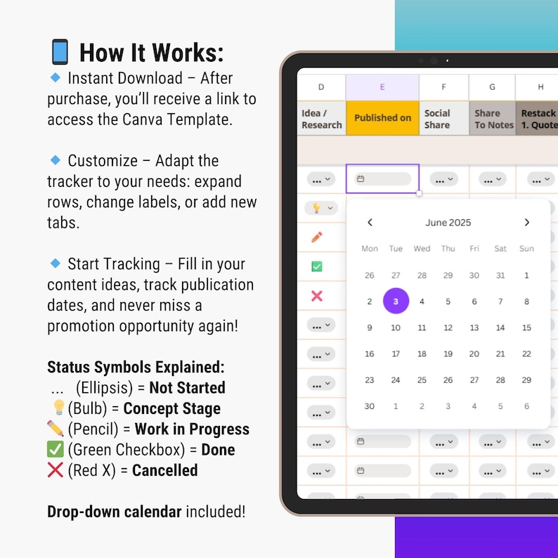 May include: A digital content calendar template on a tablet screen. The interface displays a June 2025 calendar with a highlighted date. Text explains the template's features, such as instant download and customisation options.