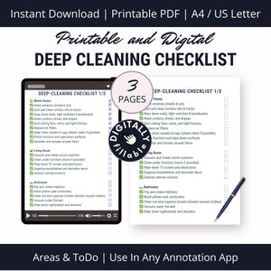 May include: A printable and digital deep cleaning checklist with three pages. The checklist is divided into three sections: Whole House, Living Room, and Bedrooms. Each section includes a list of tasks to be completed, such as washing windows, dusting furniture, and vacuuming.