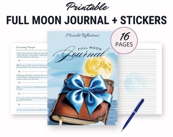 Könnte beinhalten: Druckbarer Vollmond-Journal mit 16 Seiten und über 30 Journal-Anregungen. Das Cover zeigt ein geschlossenes Buch mit einer blauen Schleife und einem Vollmond im Hintergrund. Der Text "Moonlit Reflections" und "Full Moon Journal" ist auf dem Cover sichtbar.
