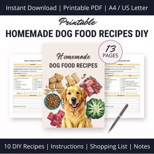 Puede incluir: Un PDF imprimible con recetas caseras de comida para perros. La portada presenta un golden retriever, golosinas para perros, carne cruda, brócoli y un cuenco de pienso. El documento incluye 13 páginas de recetas, instrucciones, una lista de compras y notas.