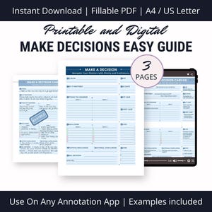 May include: A digital and printable "Make Decisions Easy Guide" with fillable PDF templates. The guide includes three pages with decision-making frameworks, examples, and a canvas for clarity and confidence. Available for instant download.