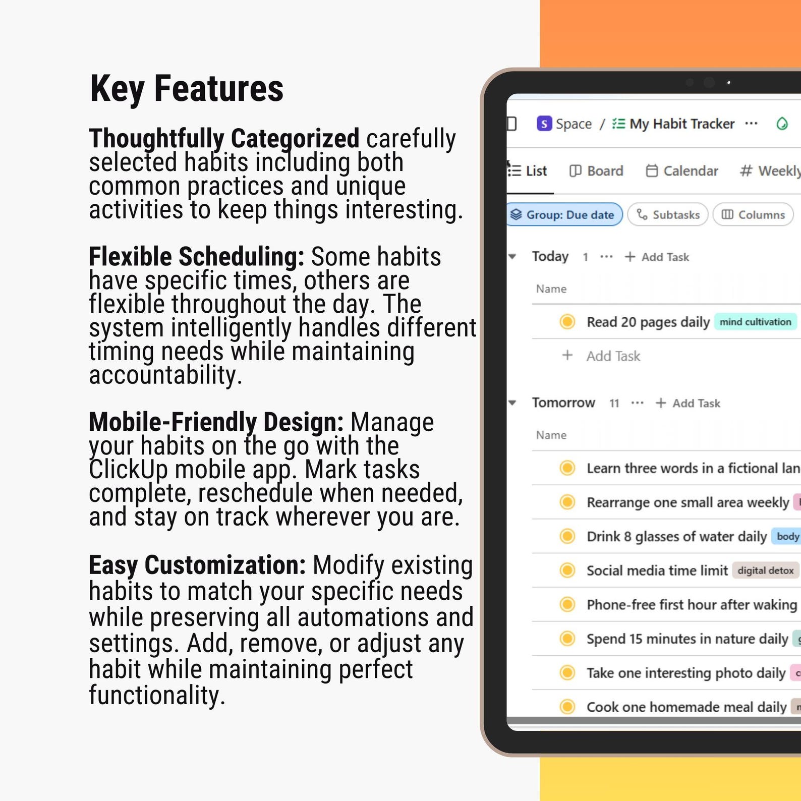 Clickup Habit Tracker, Customizable Mobile App, Free Editable, Build