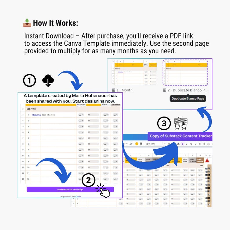 May include: A digital guide titled "How It Works" with a step-by-step process for using a Canva template. The guide includes screenshots of spreadsheets and instructions for downloading and using the template. The text includes "Instant Download" and "Canva Template".