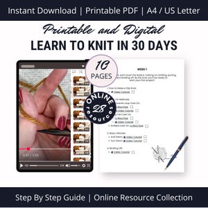以下が含まれることがあります： 「30日で編み物を学ぶ」というテキストが入ったデジタル編み物チュートリアル。画像には、ビデオチュートリアル付きのタブレット、編み物の説明が書かれた印刷されたガイド、ペンが写っています。ガイドには「10ページ」と「オンライン28リソース」が含まれています。