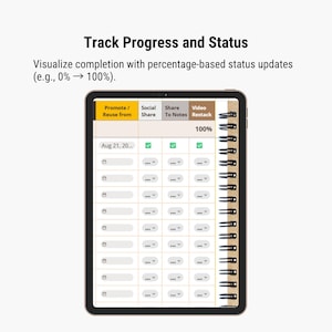 May include: A digital tablet showing a progress tracking interface. The screen displays a grid with checkboxes, dropdown menus, and the text "Track Progress and Status." The interface includes options to promote, share, and restack tasks, with a progress bar indicating 100% completion.