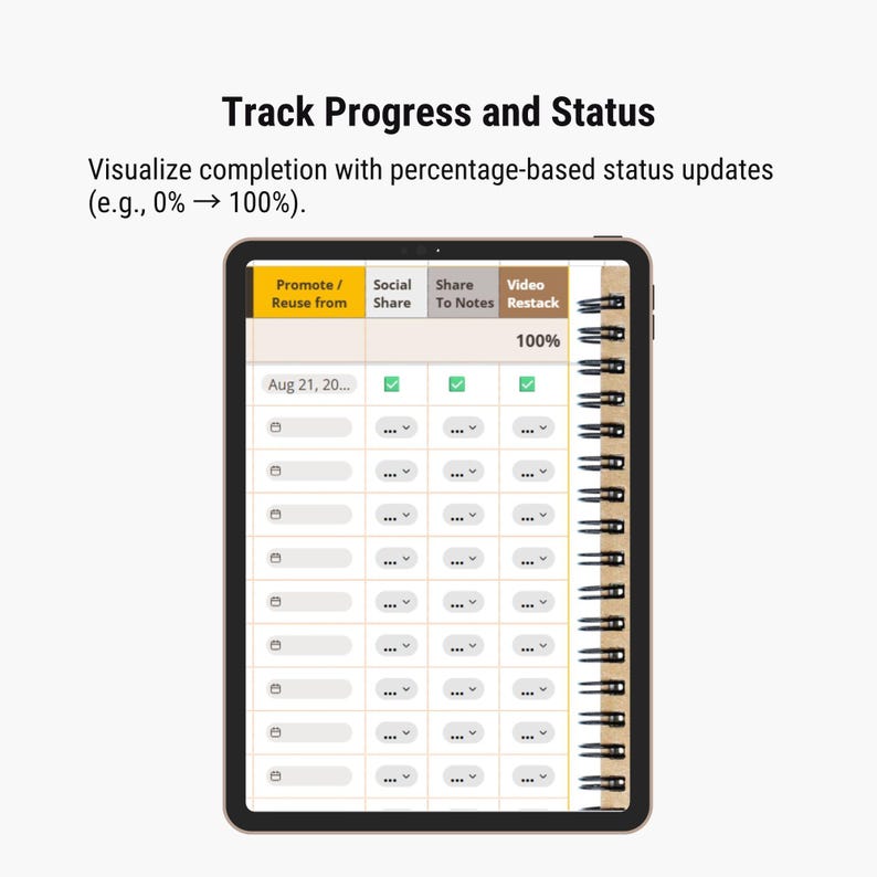 May include: A digital tablet showing a progress tracking interface. The screen displays a grid with checkboxes, dropdown menus, and the text "Track Progress and Status." The interface includes options to promote, share, and restack tasks, with a progress bar indicating 100% completion.
