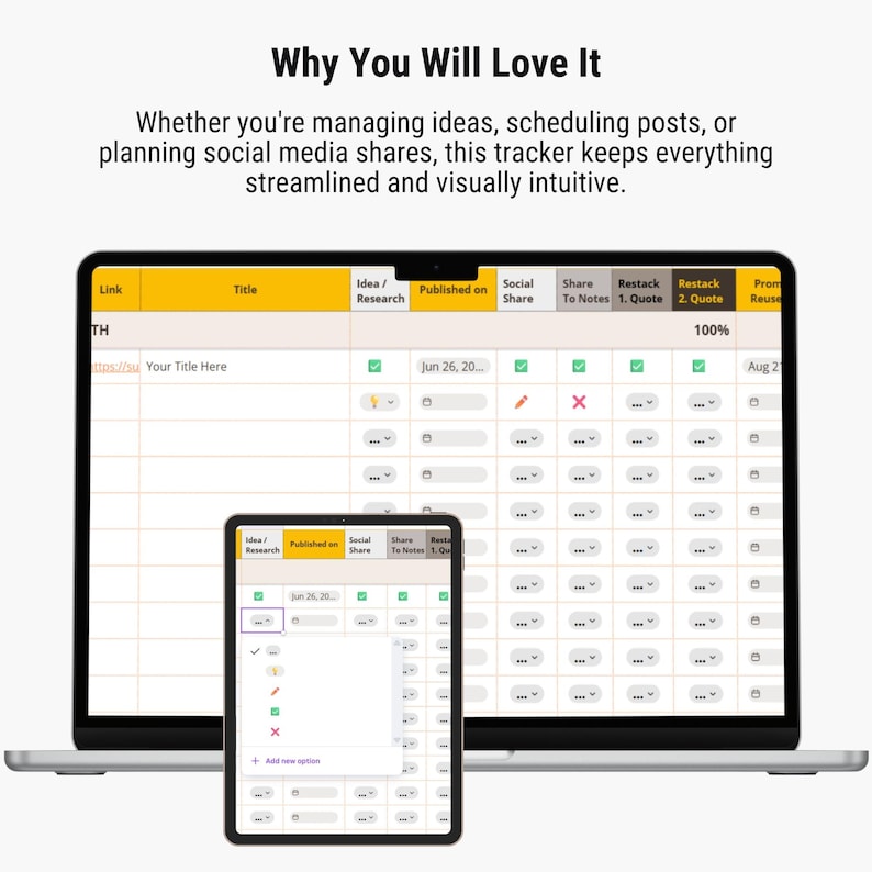 May include: A laptop and tablet show a digital tracker with a yellow header and a grid of data fields. The text "Why You Will Love It" is at the top, with a description about managing ideas and scheduling posts.