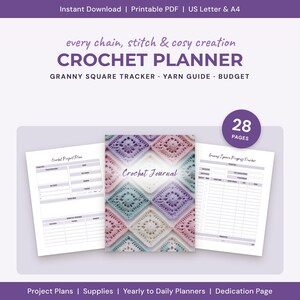 Häkelplaner zum Ausdrucken, Häkeljournal mit Oma-Quadrat-Tracker, Garnstärken-Leitfaden, Geschenk für Häkelfans (PDF)