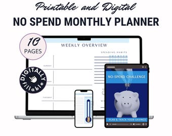 Agenda mensuel à remplir numériquement au format PDF, défi sans dépense, calendrier budgétaire, feuille d'économies hebdomadaire, mois d'achats bas, suivi quotidien des habitudes financières