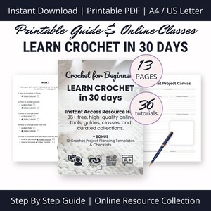 Pode incluir: Um guia imprimível e aulas online para aprender crochê em 30 dias. O guia inclui 13 páginas e 36 tutoriais. A capa apresenta um gancho de crochê e fio com o texto "Crochê para iniciantes" e "Aprenda crochê em 30 dias".