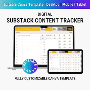 Puede incluir: Una plantilla digital de seguimiento de contenido de Substack que se muestra en una computadora portátil y una tableta. La plantilla es editable en Canva y totalmente personalizable. Las pantallas muestran un diseño de hoja de cálculo.