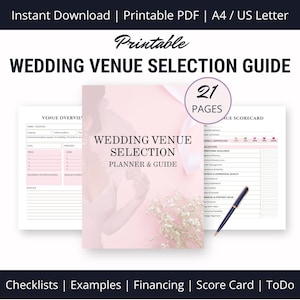 May include: A printable wedding venue selection guide with 21 pages. The guide includes a venue overview checklist, a scorecard, and a planner. The cover features a pink background with a floral design and the text "Wedding Venue Selection Planner & Guide".