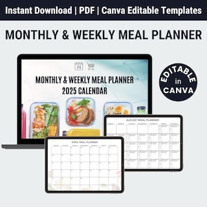 Pianificatore alimentare mensile e settimanale, modello modificabile Canva + set di PDF stampabili, pianificazione di colazione, spuntini, pranzo e cena, calendario compilabile