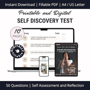 May include: A digital self-discovery test with 10 pages and 50 questions. The test is designed to help you understand your inner motivations and drivers. The image shows a laptop screen with the test questions and a phone screen with a timer. The text "Discover Your Inner Motivations" is visible on the phone screen.