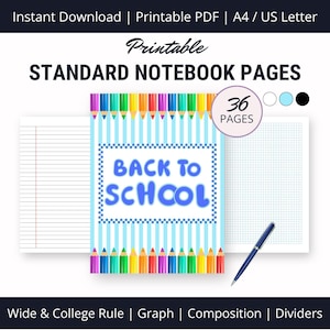 Cuadernos imprimibles para la vuelta al cole (PDF), con líneas anchas y universitarias, papel cuadriculado y de composición, tapa personalizable, juego de divisores para asignaturas principales.