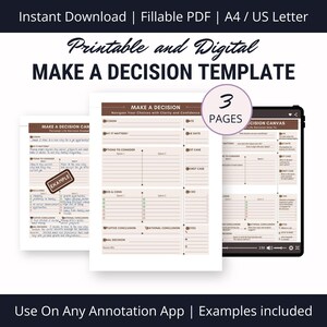 Puede incluir: Una plantilla digital imprimible para tomar decisiones. La plantilla está dividida en secciones para identificar la decisión, enumerar los pros y los contras, considerar las opciones y escribir una conclusión. La plantilla está disponible en formato PDF e incluye tres páginas.