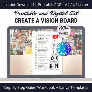 May include: A laptop screen displaying a printable and digital vision board set with over 60 pages. The vision board is divided into three sections: Visions, Actions, and You. The vision board is designed to help you create a clear vision for your life and business. The vision board is editable in Canva.