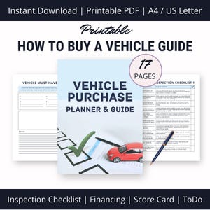Vehicle Purchase Step By Step Printable Guide, New Car Buying Planner Inserts, Used Car Inspection Checklist PDF, Financing, Ownership Costs