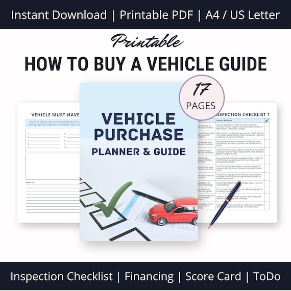 Vehicle Purchase Step By Step Printable Guide, New Car Buying Planner Inserts, Used Car Inspection Checklist PDF, Financing, Ownership Costs