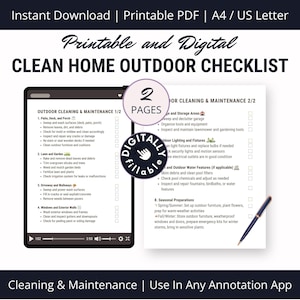 May include: A printable checklist for cleaning and maintaining your home's outdoor spaces. The checklist is divided into two pages, with the first page focusing on cleaning and maintenance tasks for the patio, deck, porch, lawn, garden, driveway, and walkways. The second page covers cleaning and maintenance tasks for outdoor storage areas, lighting and fixtures, outdoor water features, and seasonal preparations.