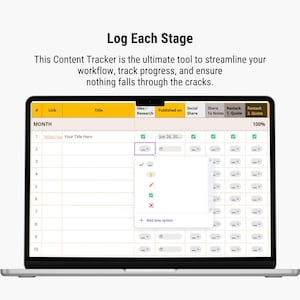 May include: A laptop screen showing a content tracker spreadsheet with the text "Log Each Stage." The spreadsheet includes columns for links, titles, and research, with options to share and restack content. A dropdown menu with editing options is visible.