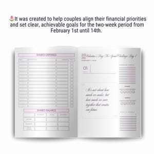 May include: A pink and white planner with the text "Valentine's Day No Spend Challenge Day 1" and "February 1, 2024" on the cover. The planner has a section for shared expenses and a section for spending habits.